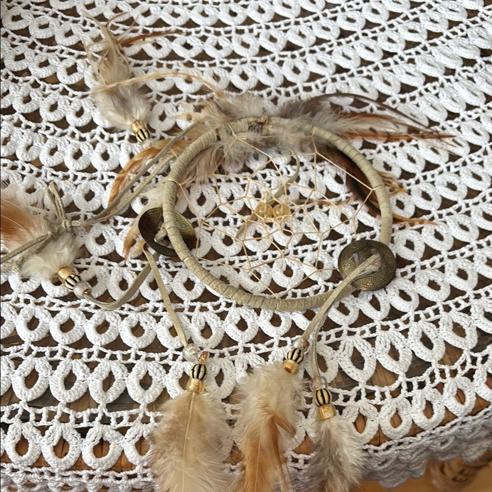 Cream and Brown Dreamcatcher Wall Decor with Feathers